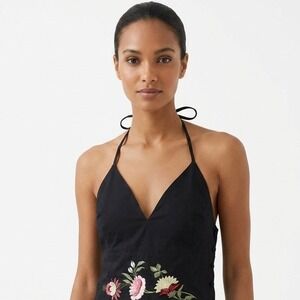 Fanm mon Floral Embroidered Halter Top Cotton Side Button Black Size S‎